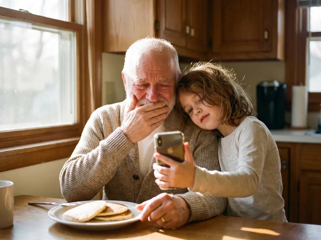 A grandfather at the kitchen table covering his mouth, moved, as his granddaughter plays him a song on a phone