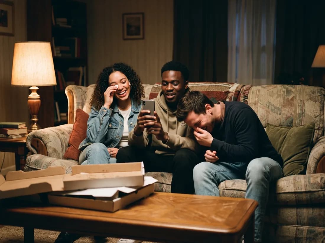 Three friends on a sofa bursting into laughter while listening to a song on a phone