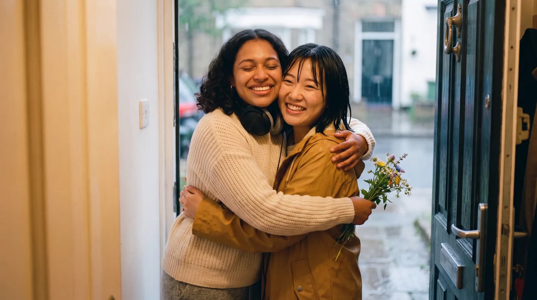 Maya, headphones around her neck, pulling Alex into a hug at her front door on a rainy evening