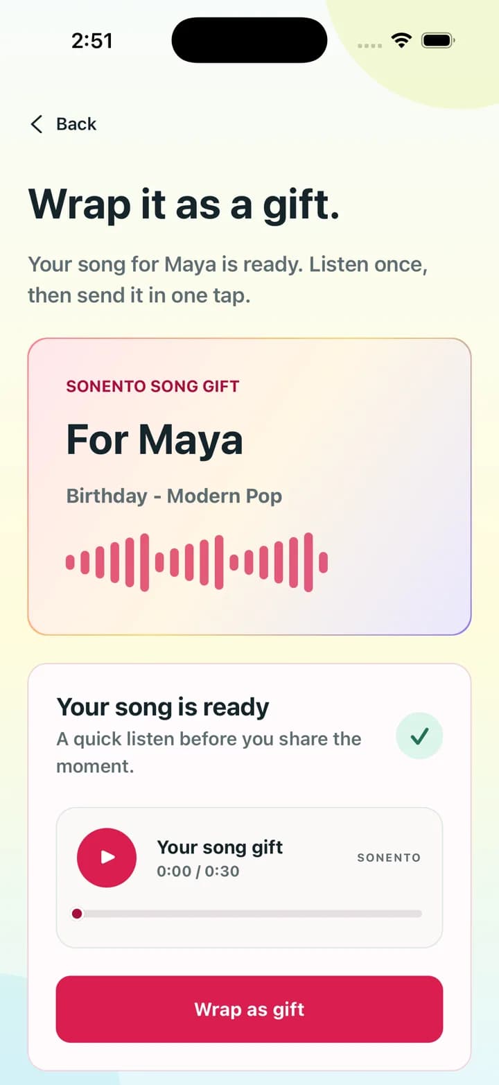 Sonento app showing a finished birthday song for Maya, ready to wrap as a gift